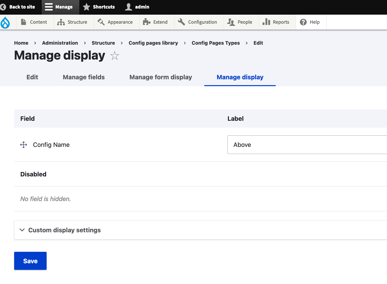 Drupal Config Pages module - Manage display tab