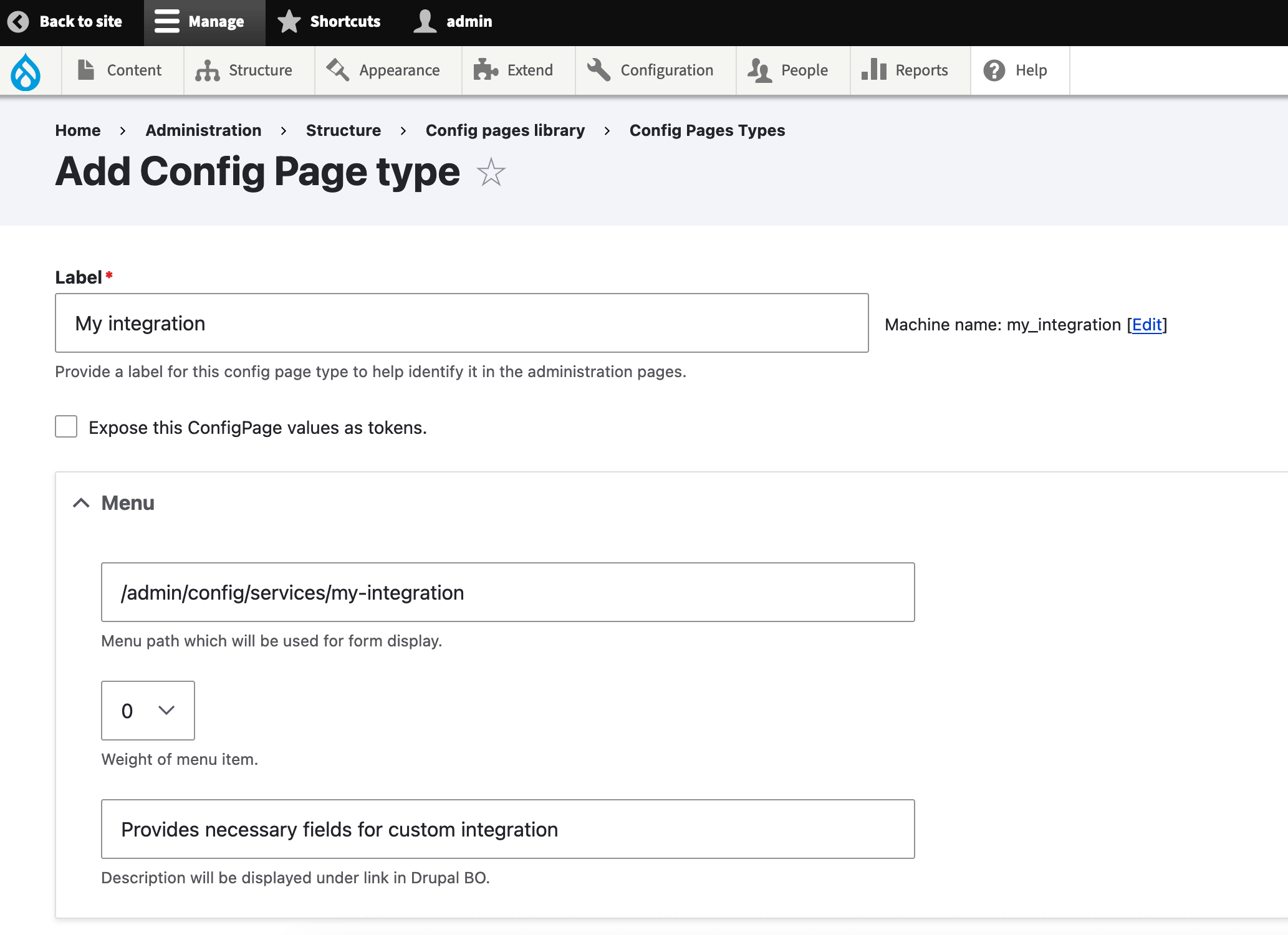 Drupal Config Pages - Types configuration