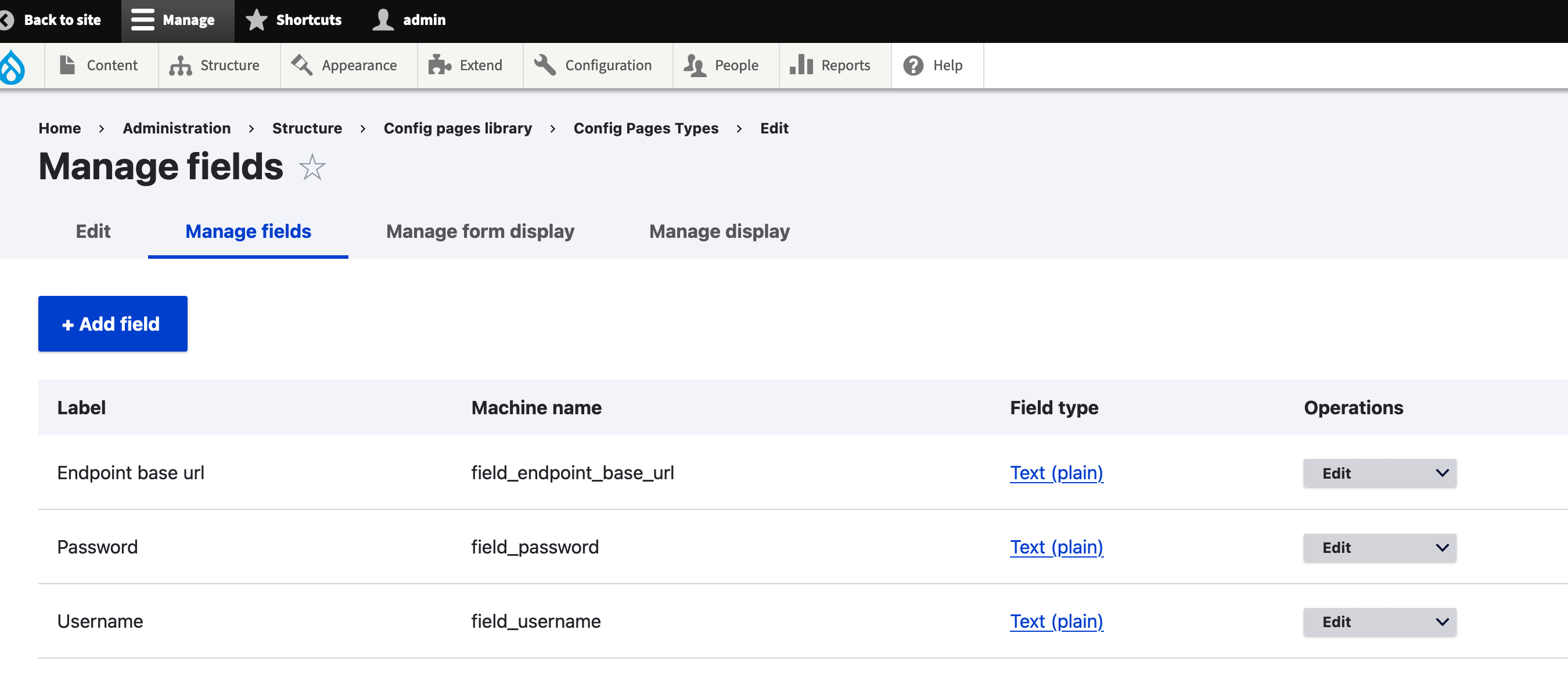 Drupal Config Pages - Manage fields tab